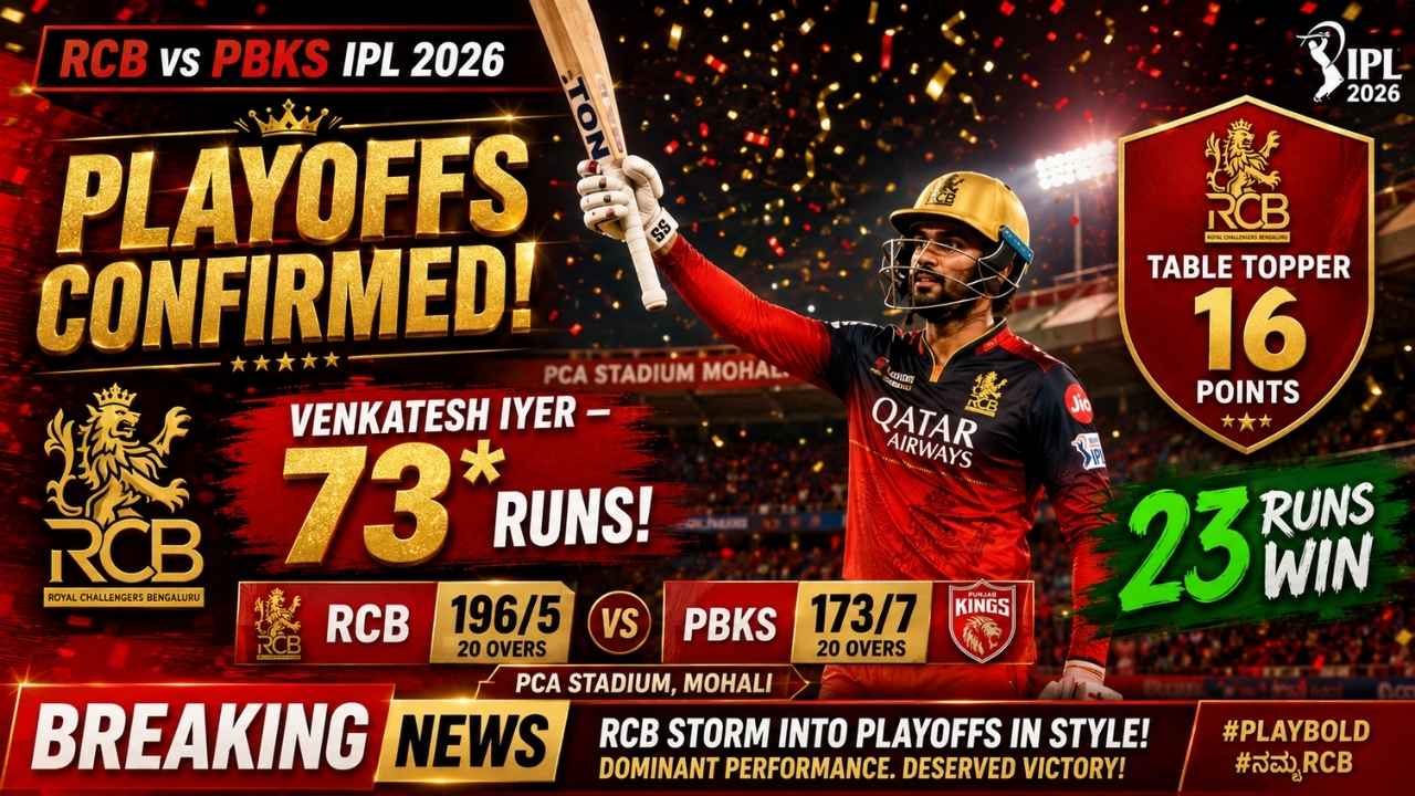 RCB vs PBKS IPL 2026 Match Result Royal Challengers Bengaluru Playoffs Confirm Venkatesh Iyer