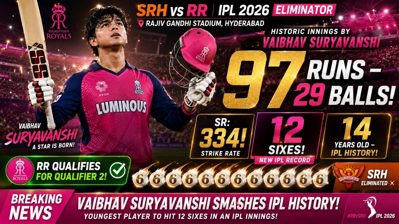 SRH vs RR IPL 2026 Eliminator Vaibhav Suryavanshi 97 Runs 12 Sixes Rajasthan Royals Win