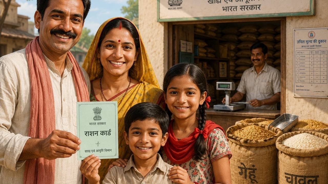 Indian family ration card lekar fair price shop ke saamne khadi hai — Ration Card 2026