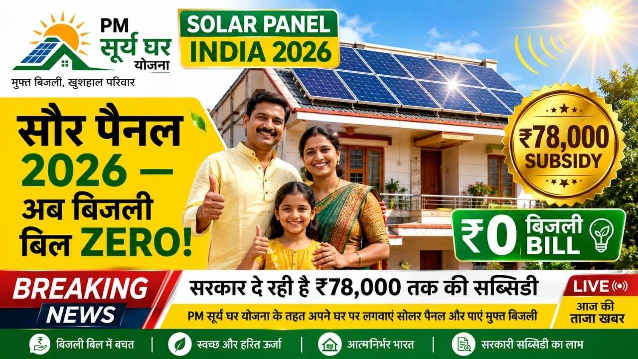 सौर पैनल 2026 India Solar Panel PM Surya Ghar Subsidy 78000 Installation Guide
