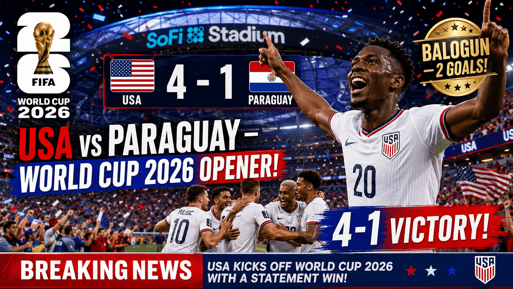 USA vs Paraguay World Cup 2026 Balogun 2 Goals USA 4-1 Win SoFi Stadium