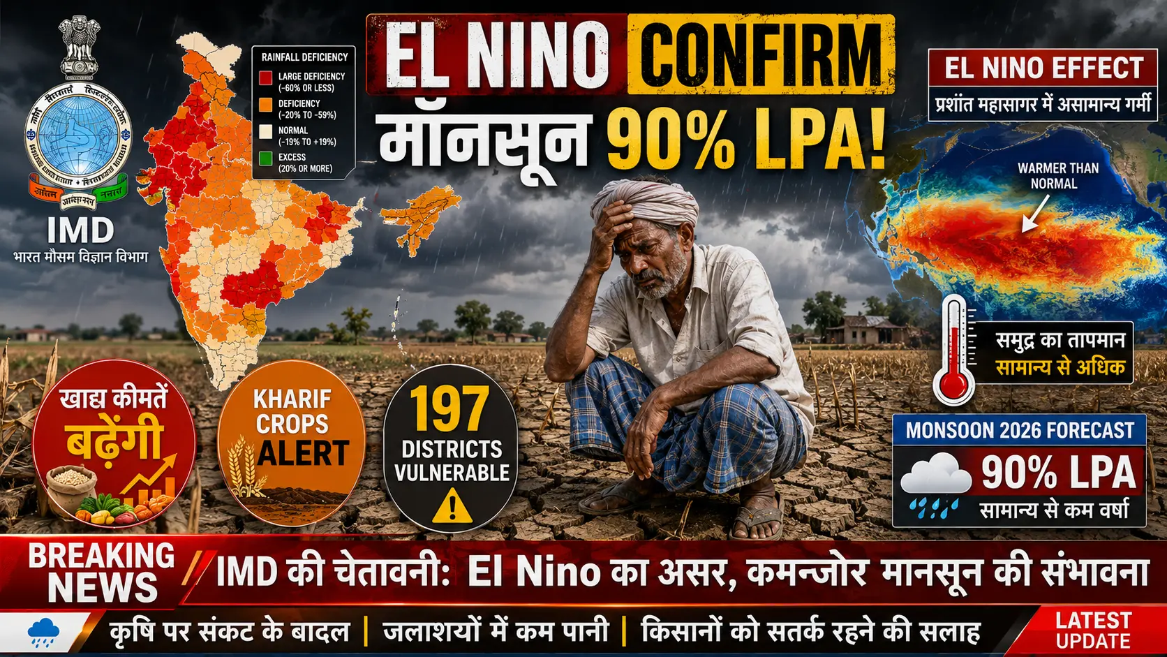 IMD El Nino Monsoon Warning 2026 India Below Normal Rainfall Kharif Crops Food Prices