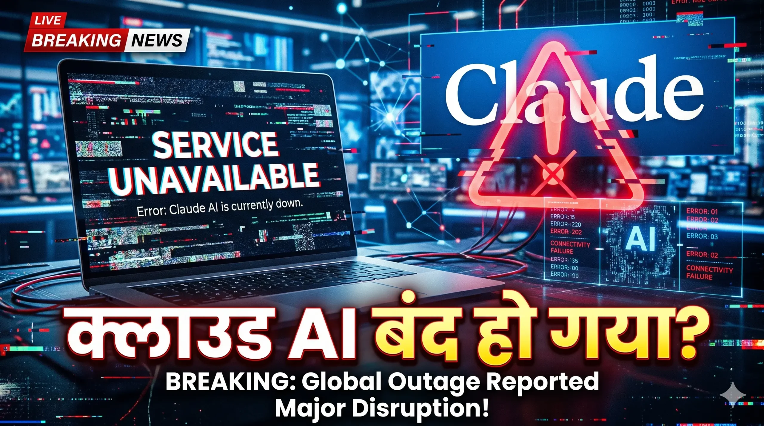 Claude AI Offline outage error screen on laptop with technology background