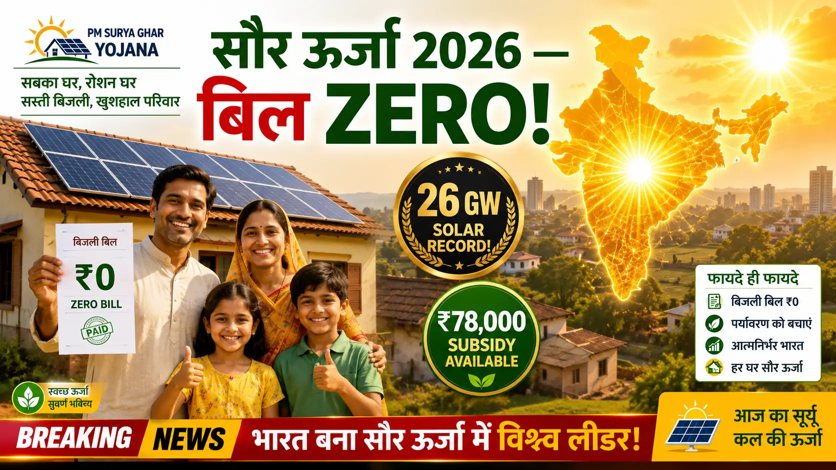 सौर ऊर्जा 2026 India 26 GW Record PM Modi NHPC Solar Plant Zero Bijli Bill