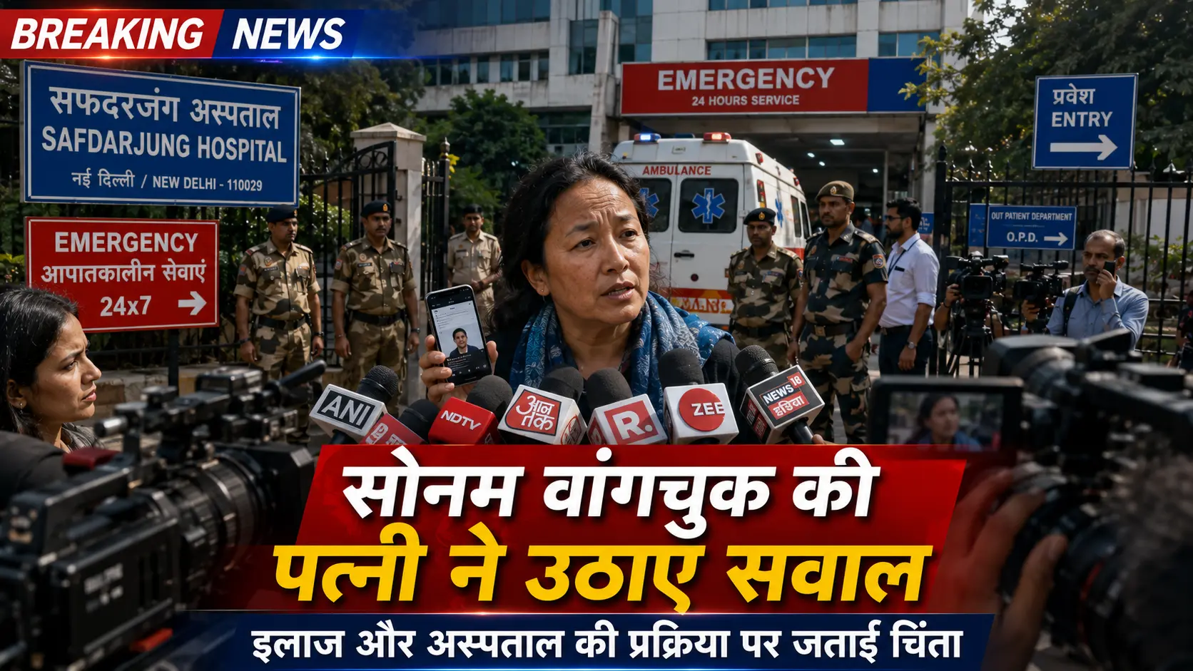 सोनम वांगचुक की पत्नी सफदरजंग अस्पताल में मीडिया से बात करती हुई