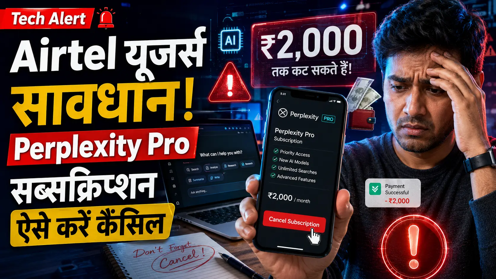 लैपटॉप पर Perplexity Pro सब्सक्रिप्शन कैंसिल करते हुए Airtel यूजर का कॉन्सेप्ट