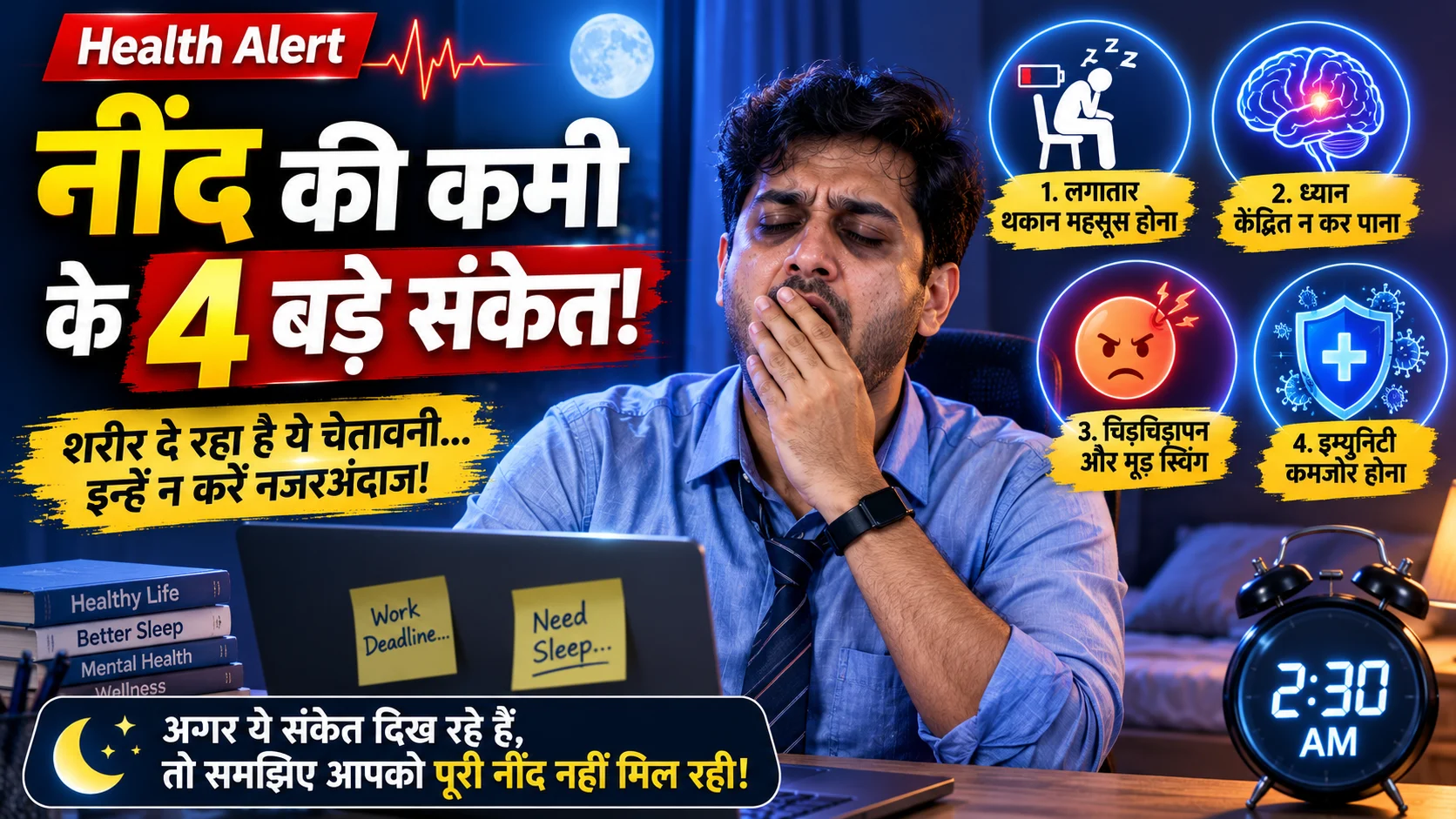 थका हुआ व्यक्ति ऑफिस में जम्हाई लेते हुए, नींद की कमी के संकेत दर्शाता हुआ
