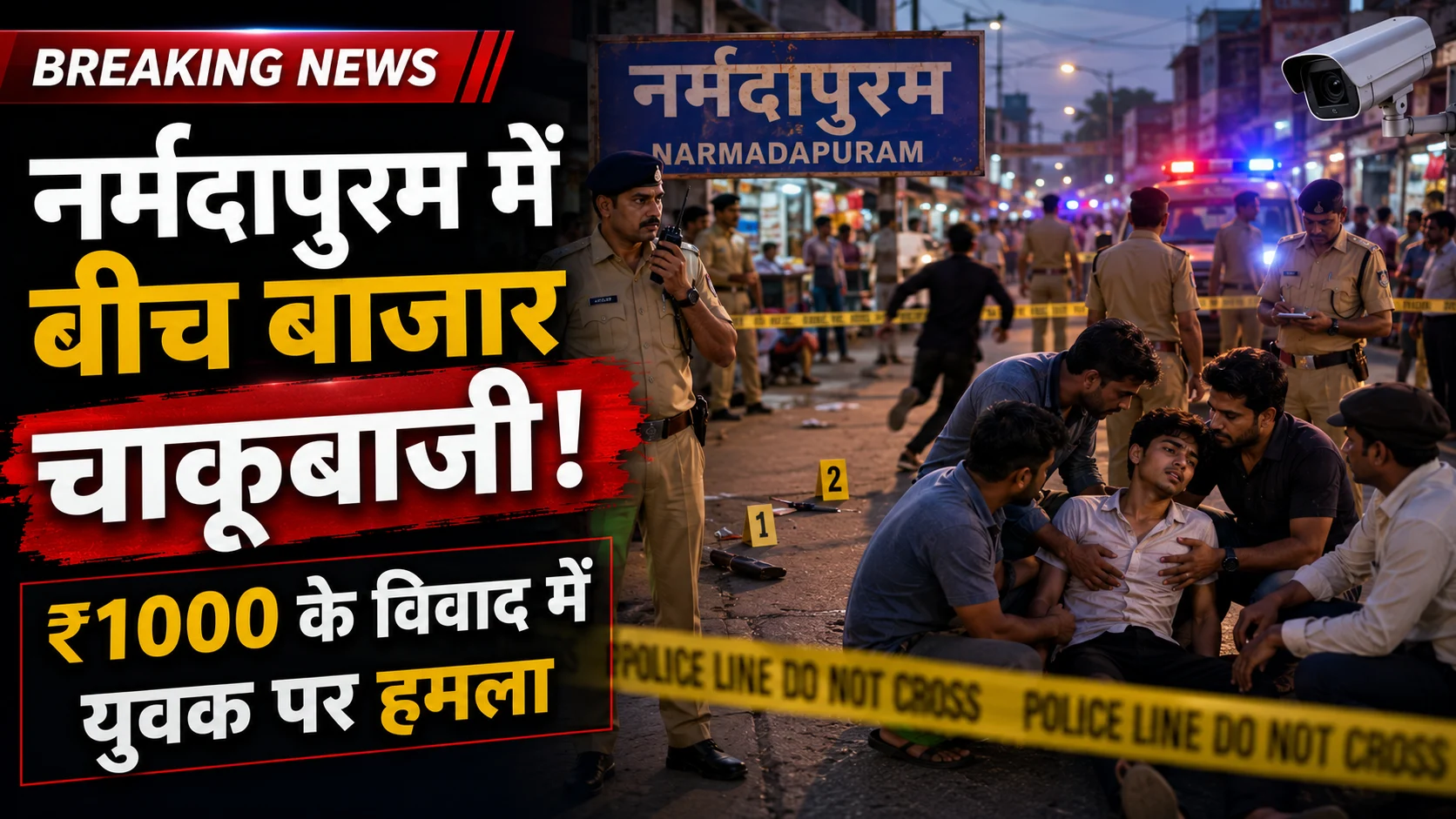 नर्मदापुरम बाजार में पुलिस जांच के दौरान चाकूबाजी की घटना का सांकेतिक दृश्य