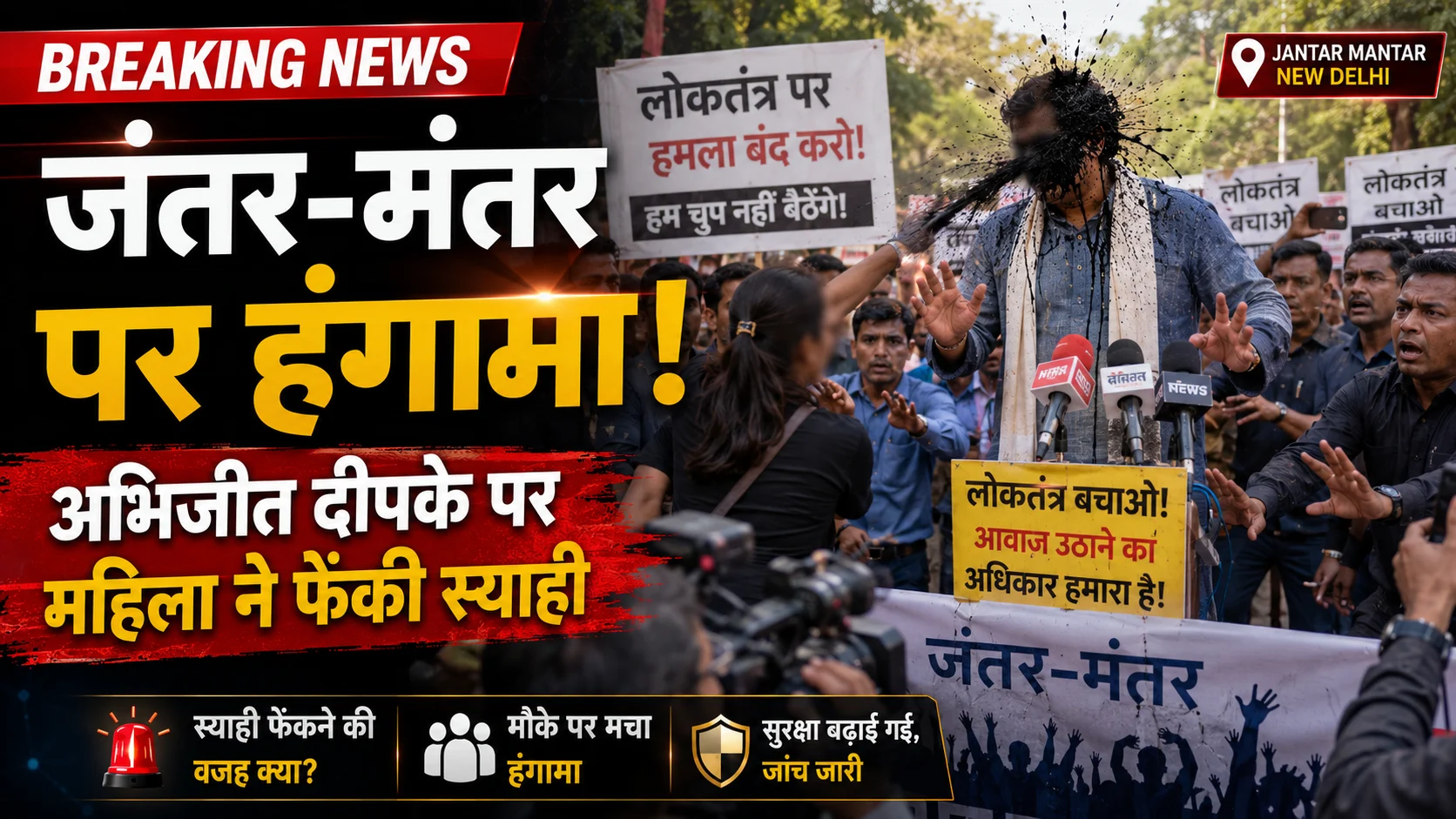 जंतर-मंतर पर प्रदर्शन के दौरान अभिजीत दीपके पर स्याही फेंकने की घटना का सांकेतिक दृश्य