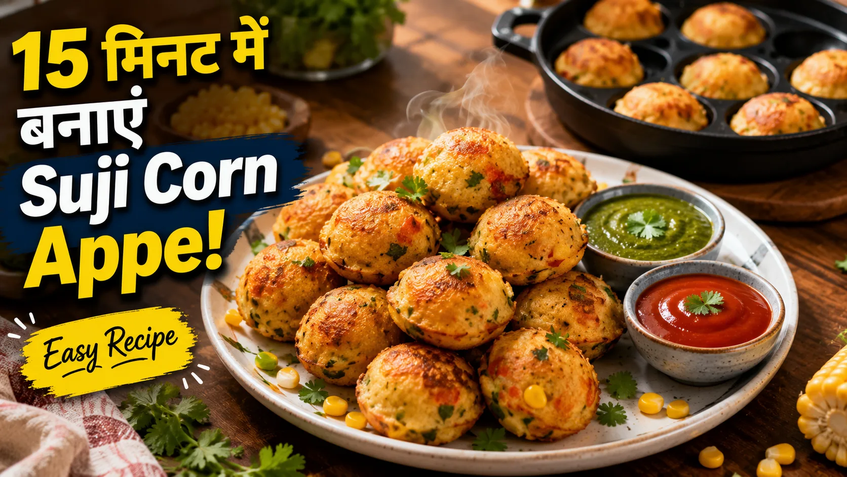 ताज़ा बने हुए Suji Corn Appe हरी चटनी और टमाटर सॉस के साथ परोसे गए