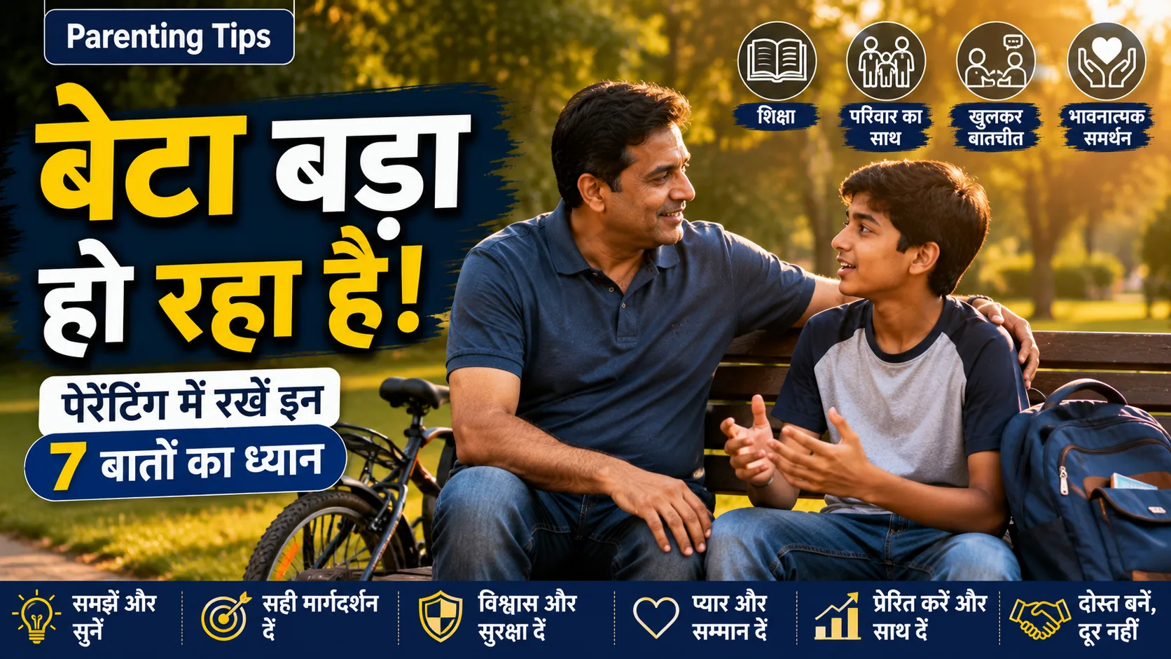 पिता अपने बड़े होते बेटे के साथ पार्क में बातचीत करते हुए, सकारात्मक पेरेंटिंग का दृश्य