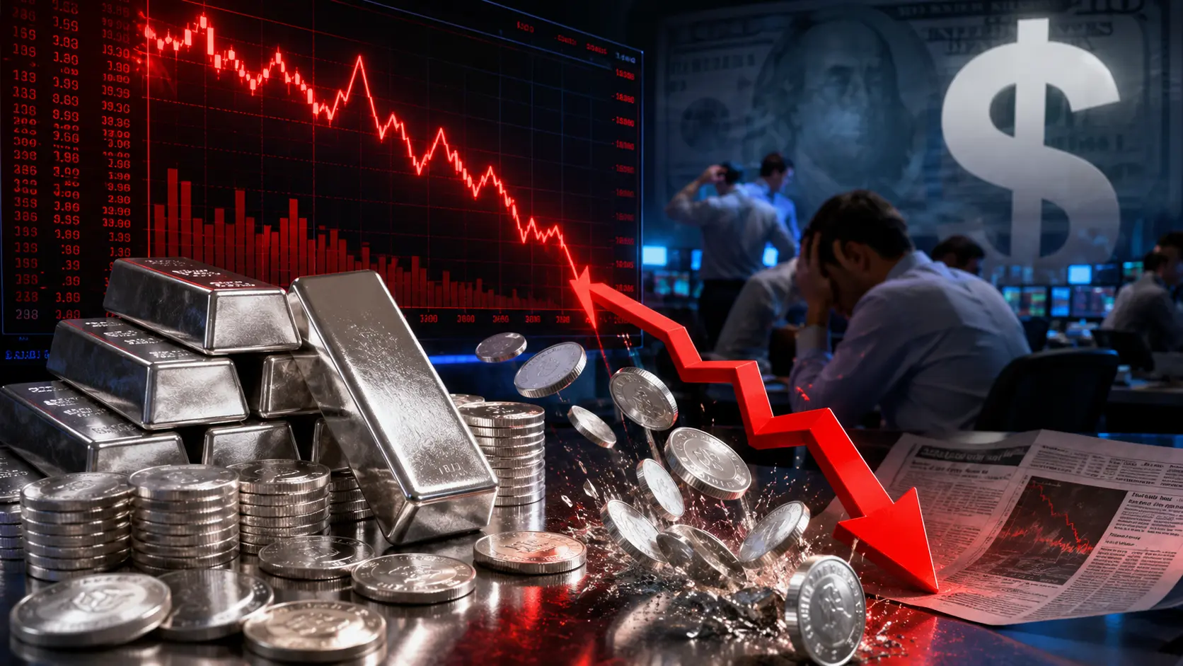 Silver Price Crash news with falling silver bars and market chart