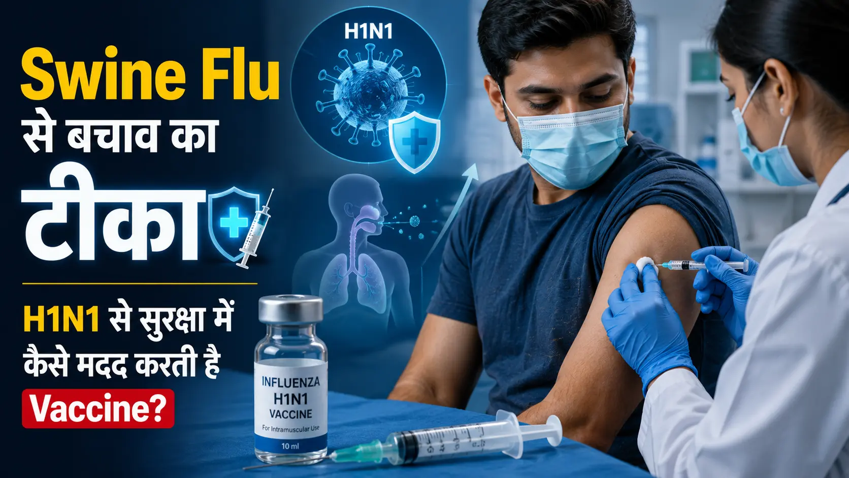 Swine Flu Vaccine लगवाते व्यक्ति और H1N1 से बचाव की जानकारी